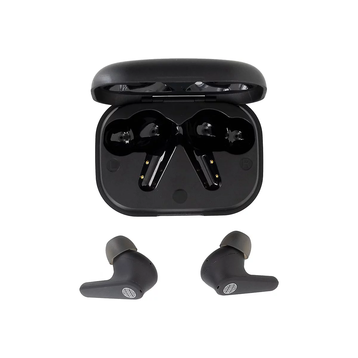 Schwarze kabellose Ohrhörer mit Ladecase, Ohrhörer einzeln. Case geöffnet, Ohrhörer in Halterung.
