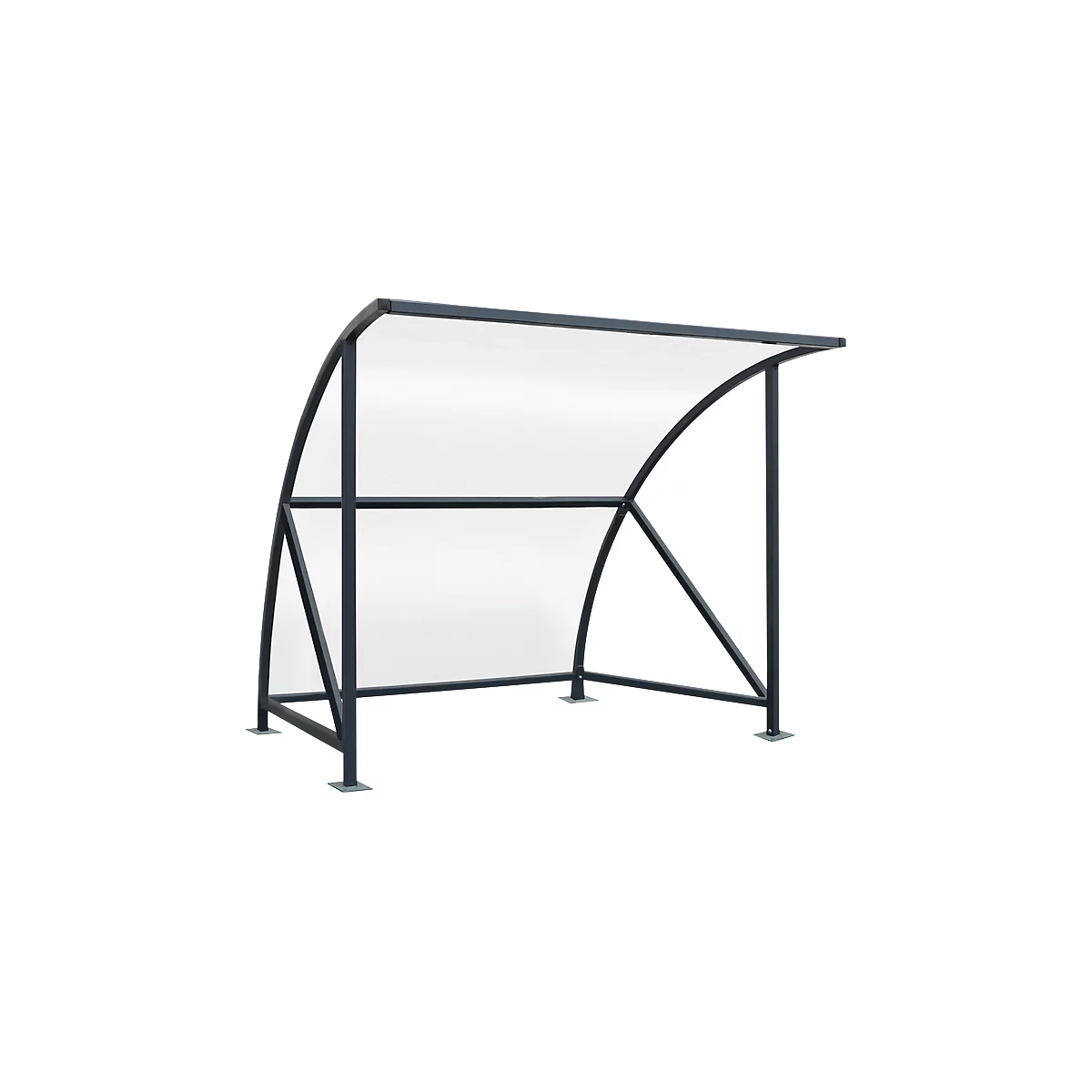 Dark gray waiting shelter with curved steel struts and transparent roof sheeting.