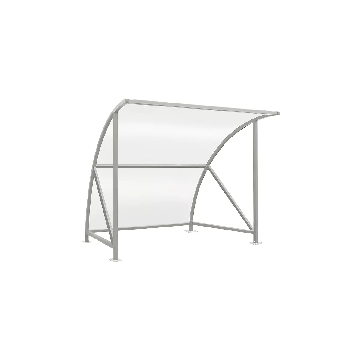 Gray shelter with a transparent roof. Rounded struts, screwed to a rectangular base.