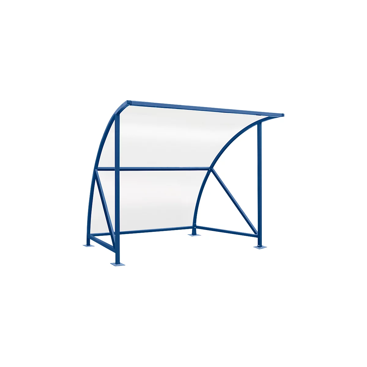 Blue dugout structure with transparent cover. Steel construction in blue, rectangular shape, slightly curved.
