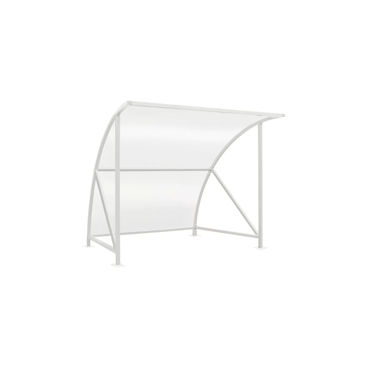 A white shelter with curved supports and a transparent roof surface.