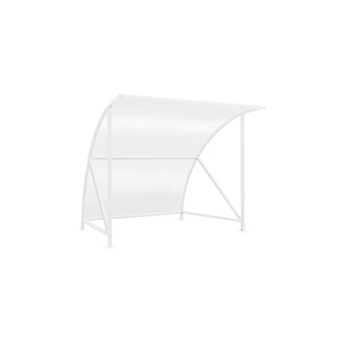 A white shelter made of metal and transparent plastic. The design is minimalist and functional.