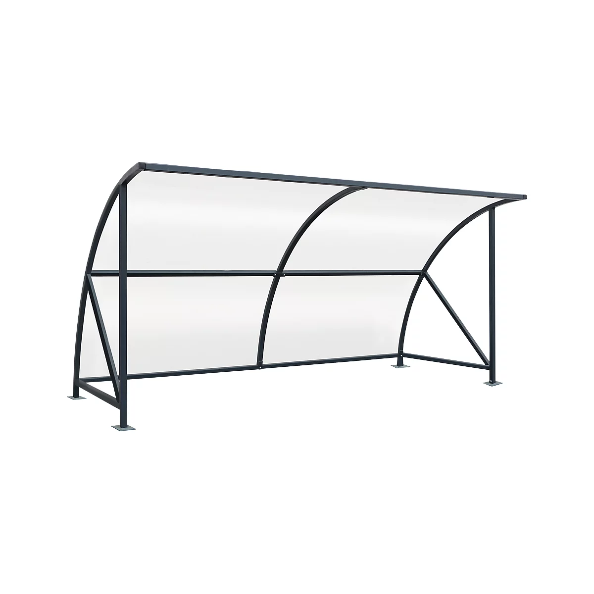 Transparent shelter with metal frame. The arch is closed by a transparent panel.