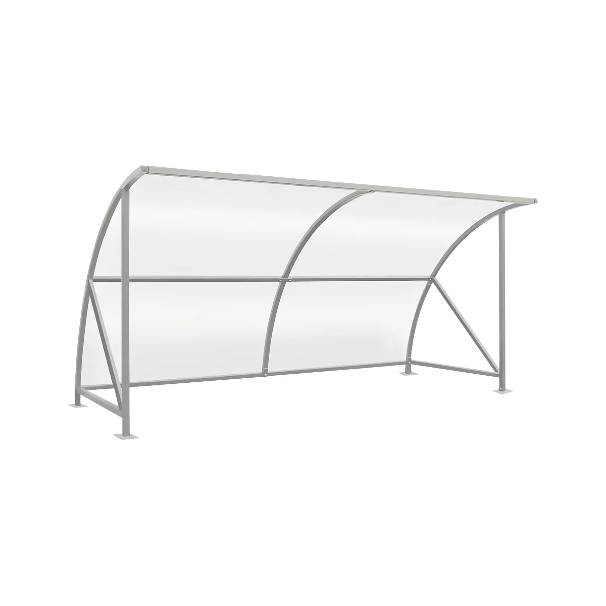 Grey bus shelter with transparent roof, open construction.