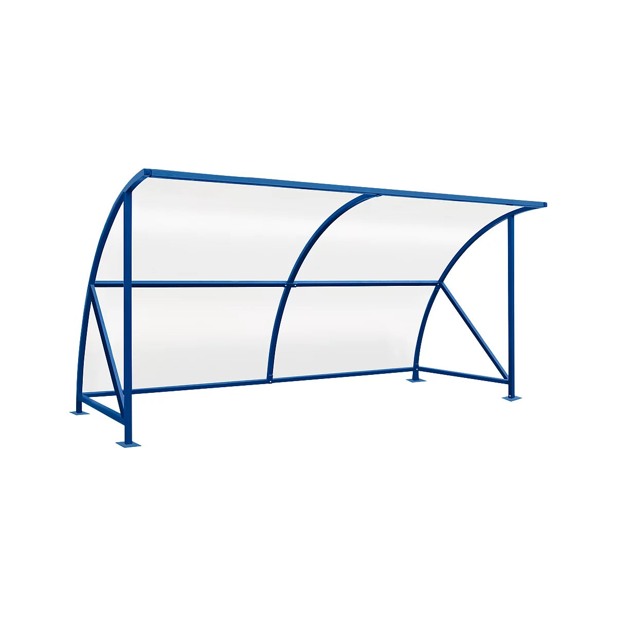 Blue shelter with transparent roof and side walls.