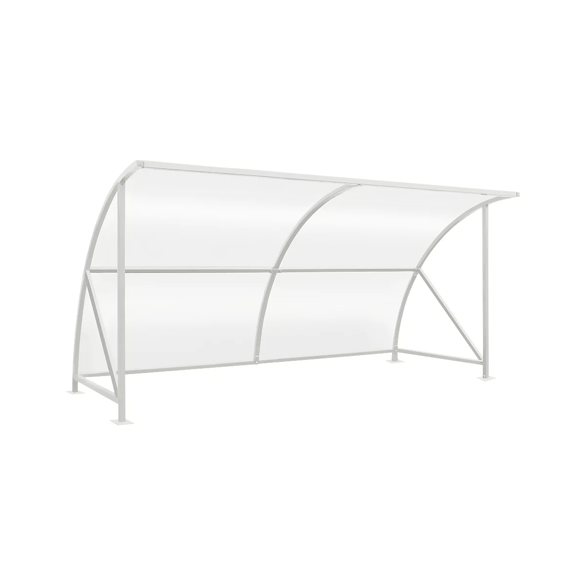 White waiting shelter with transparent roof and metal frame. It offers protection from wind and weather.