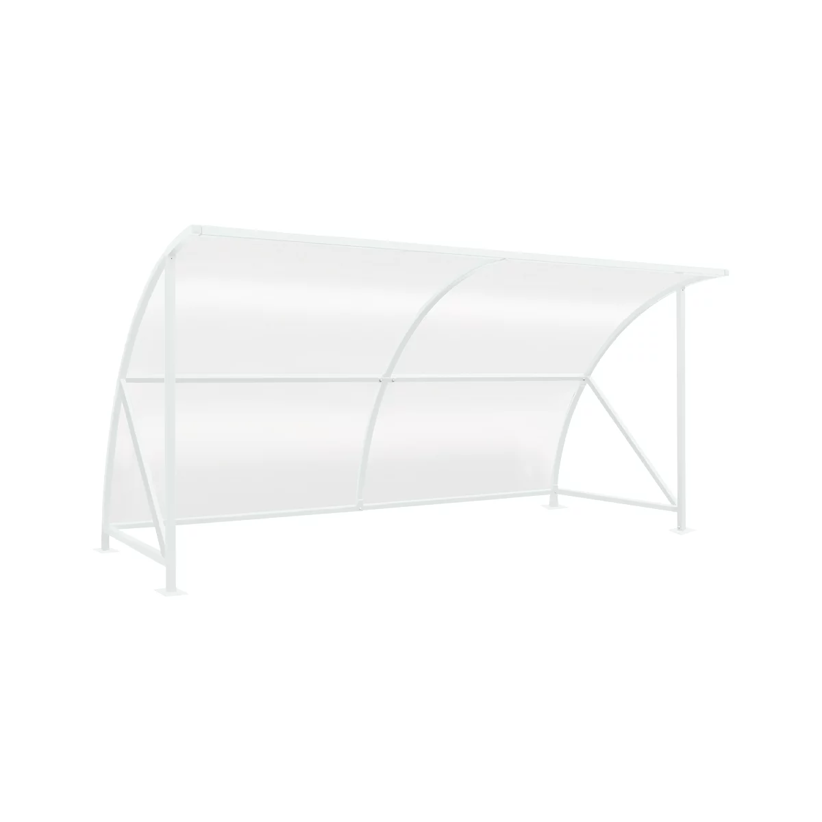 White shelter with curved roof and metal frame, ideal for outdoor use.