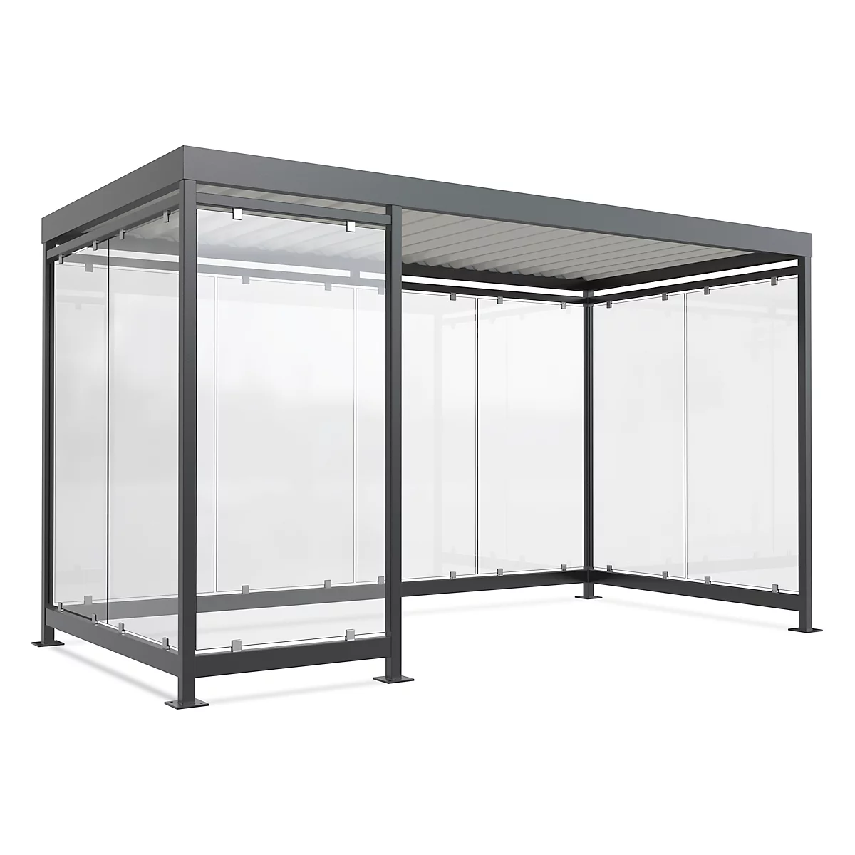 Grey, modern shelter with transparent glass walls. The shelter has a roof and offers protection from wind and weather.