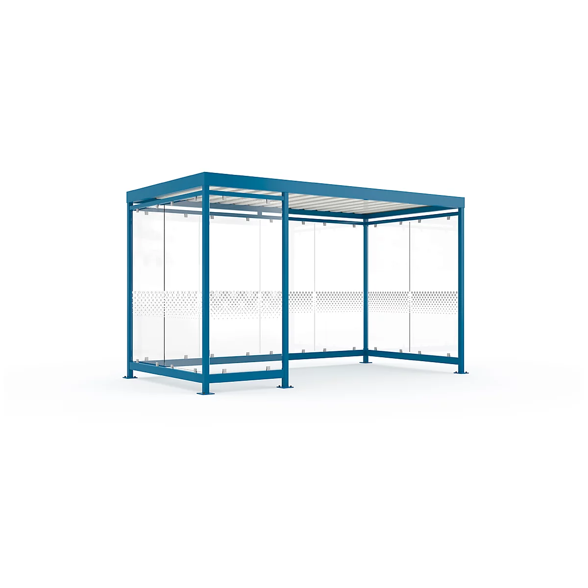 Blue bus shelter with glass walls and roof against a white background.
