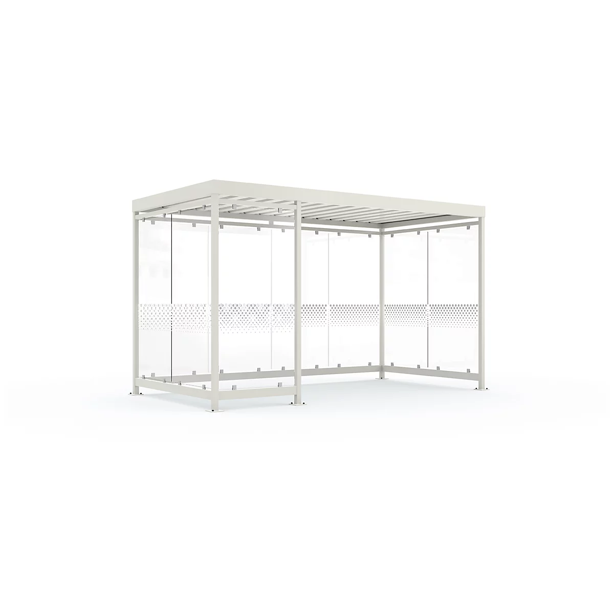 A white shelter with glass walls. The glass walls are partially patterned with a geometric design.