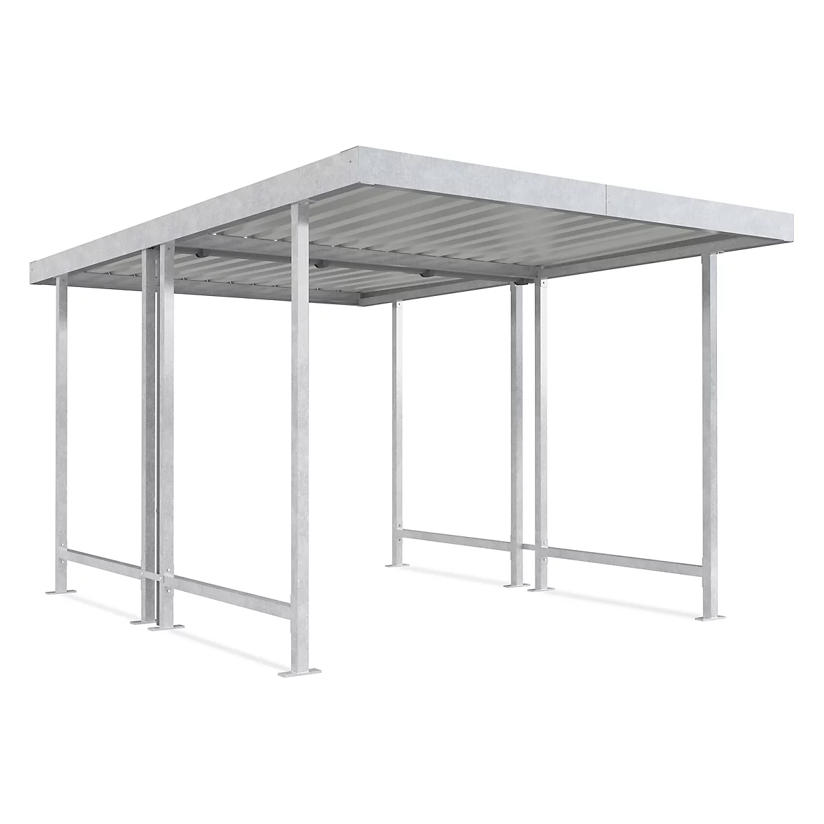Metal structure with roof. Gray, open canopy, straight lines, four posts. The background is white.