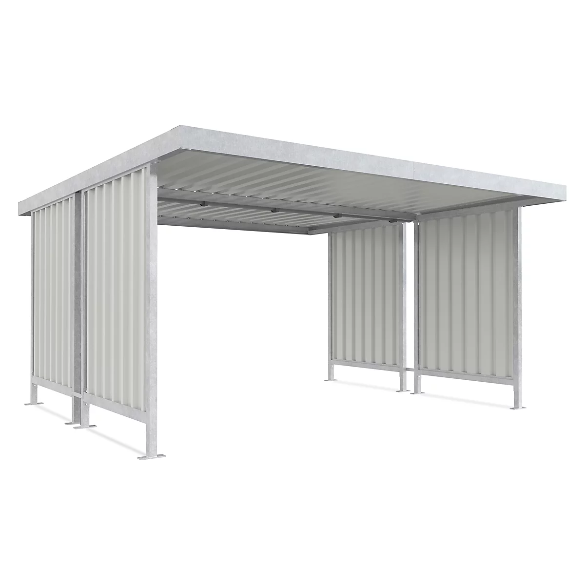 A gray shelter with corrugated side walls and roof, on a white background.