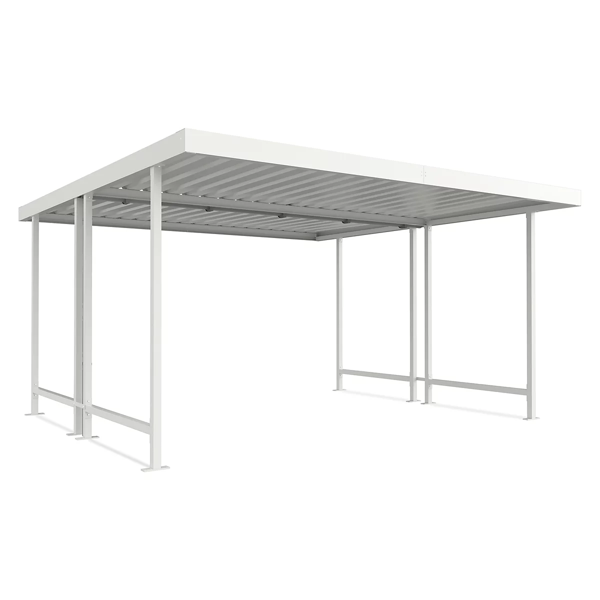 White shelter with roof, metal struts and roof, on a white background.