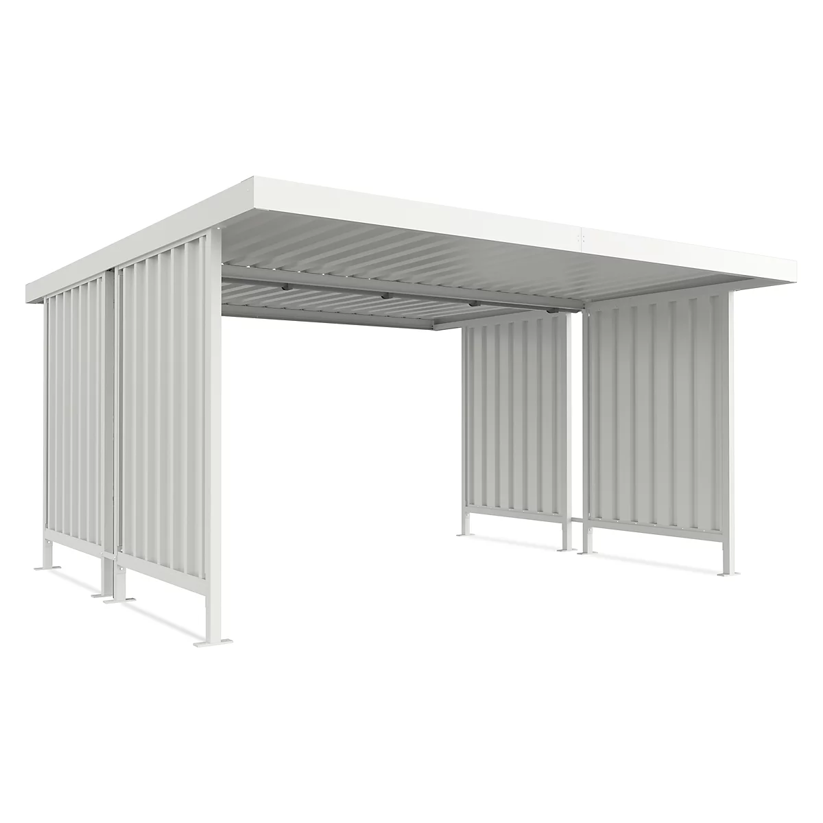 White shelter with corrugated sides and roof, on a white background.