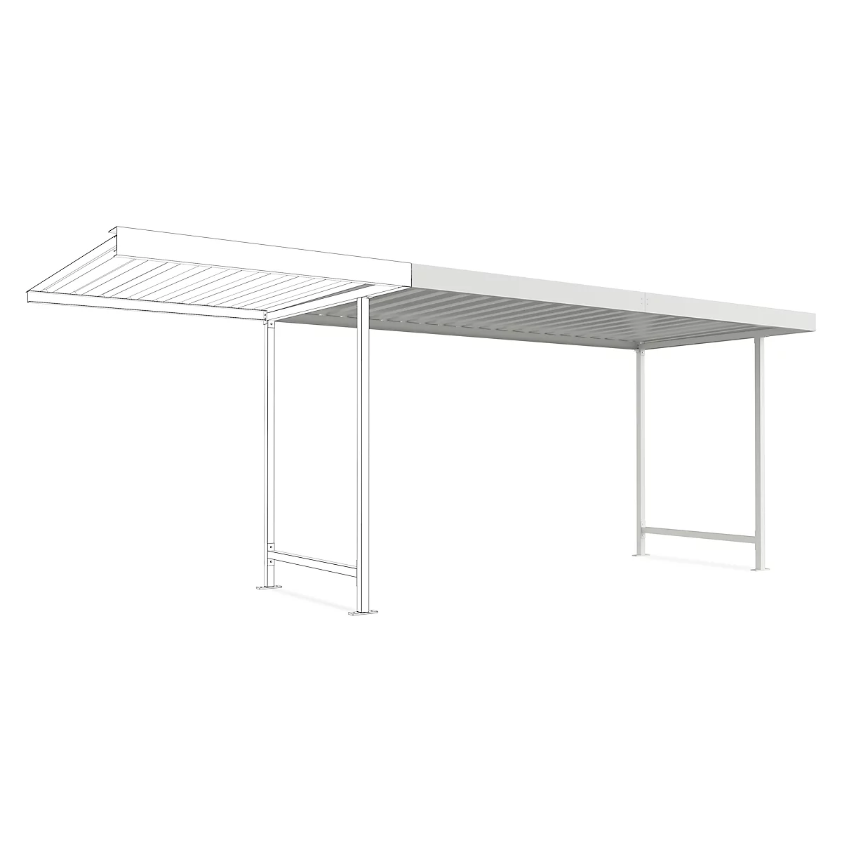 White carport model with roof and supports against a white background. Detailed view.