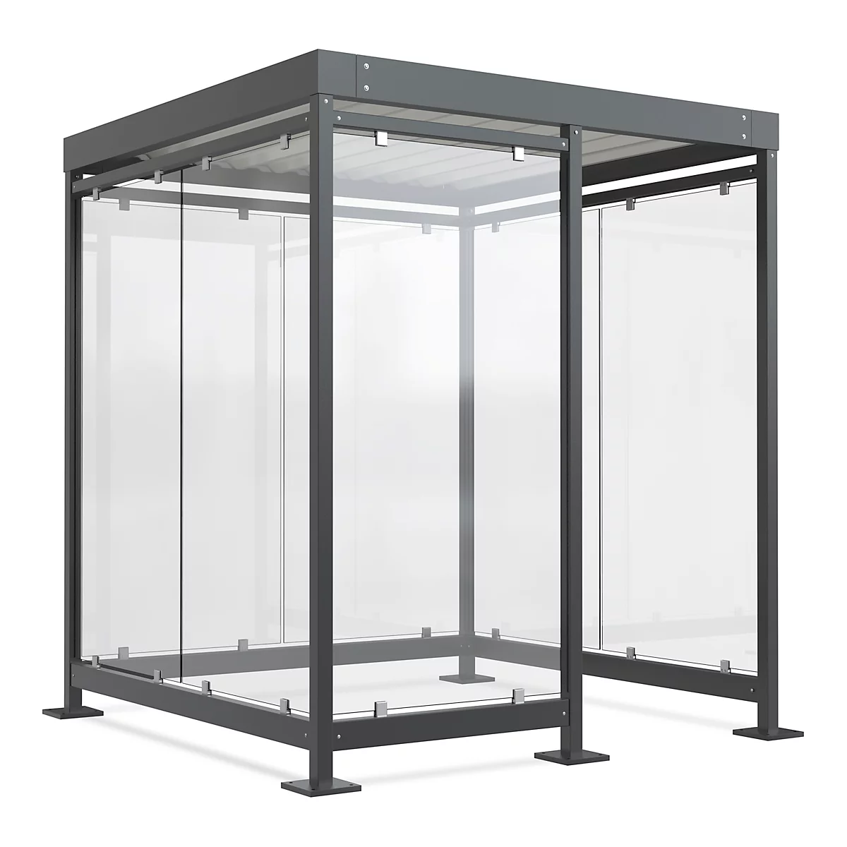 A transparent bus shelter with a dark frame. The sides are glass, the roof is gray.