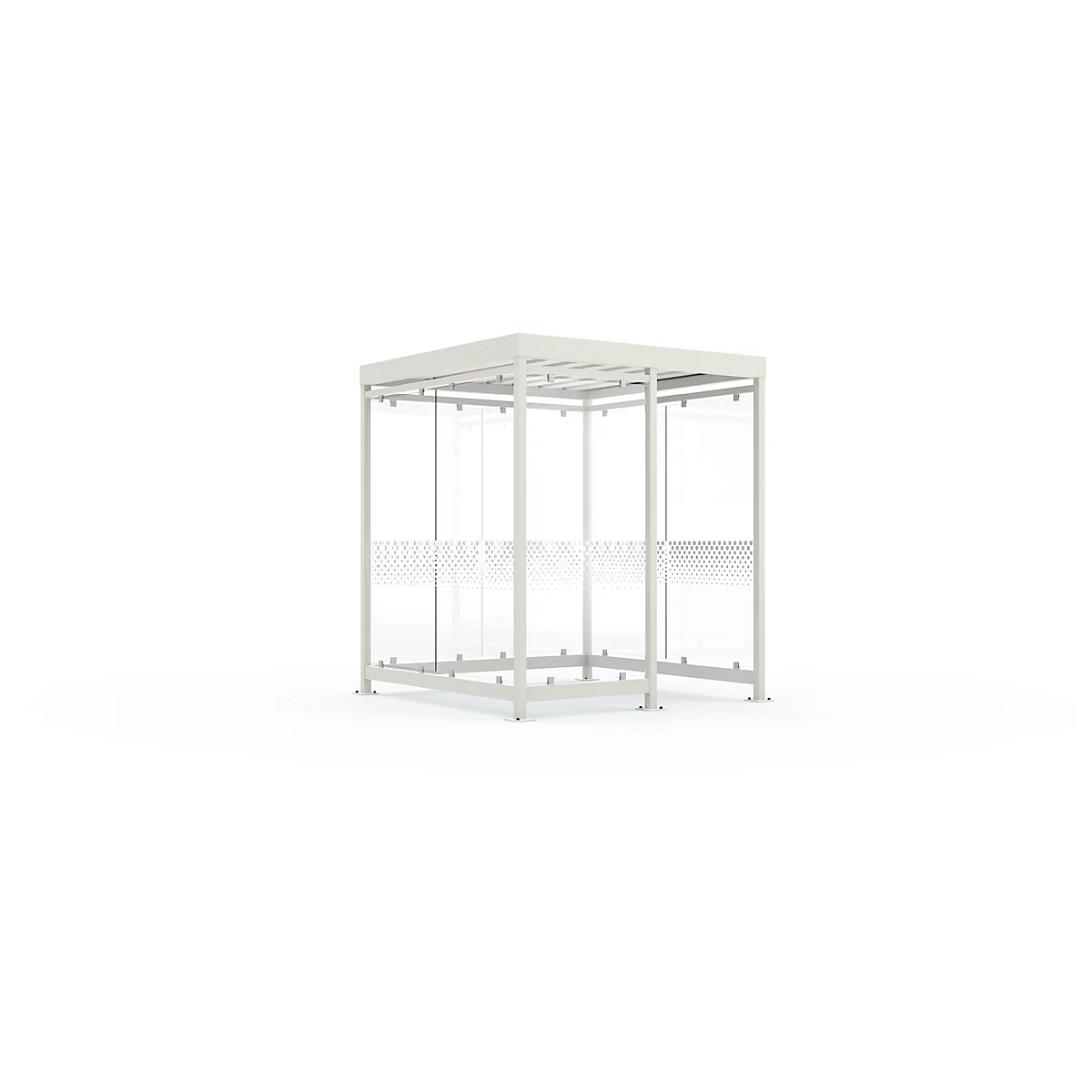 White, square waiting area with glass walls, metal frame and roof. A pattern halfway up the walls.