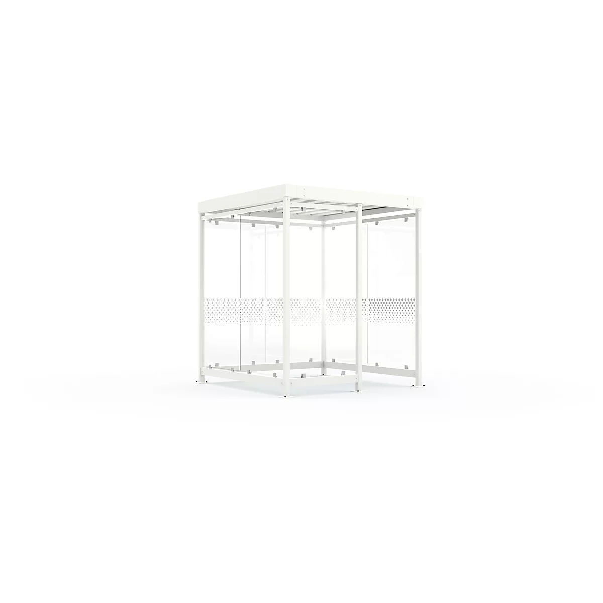 White waiting area with transparent side walls and roof. Lattice pattern in the middle of the walls.