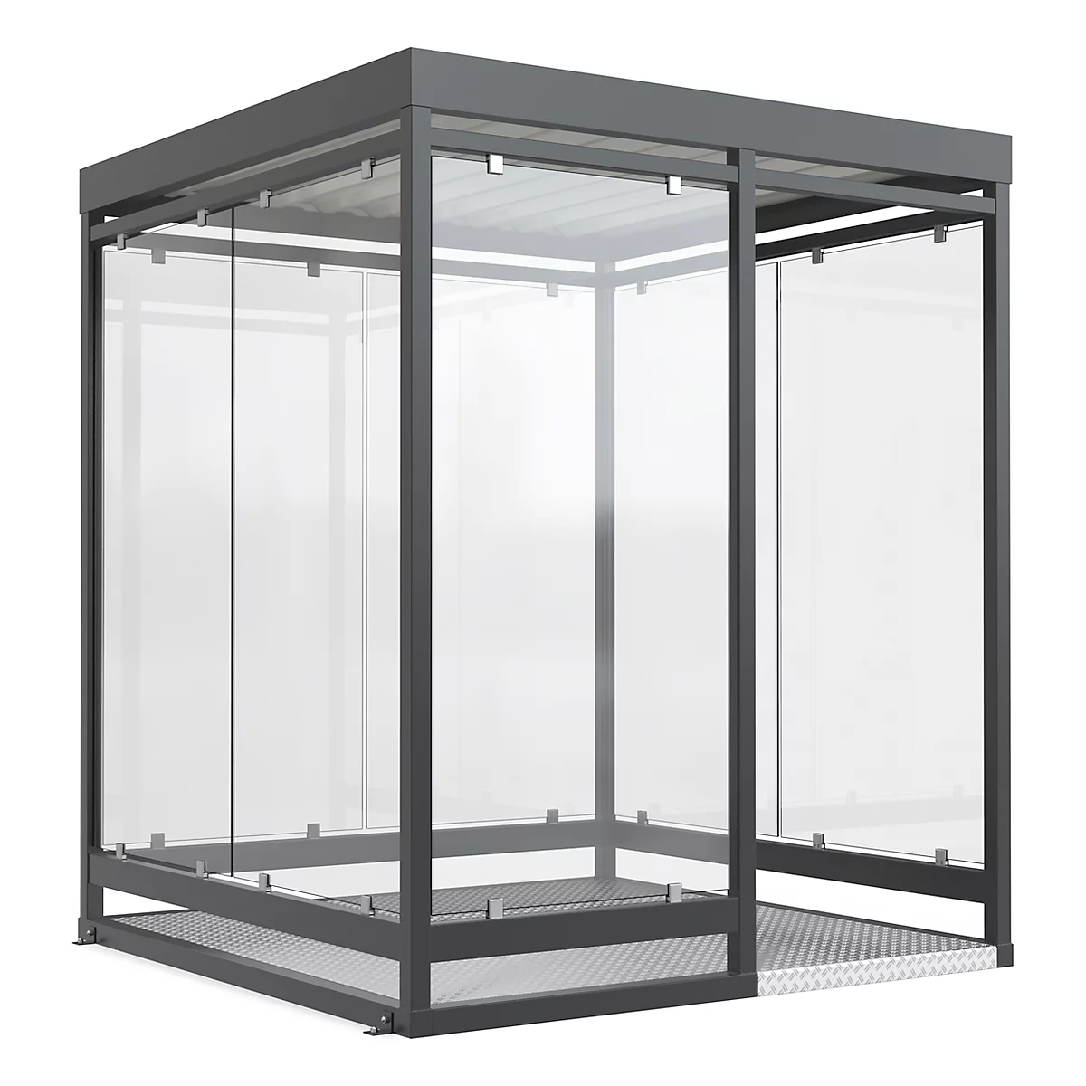 A modern, gray shelter made of glass and metal. It has a roof and an open structure, reminiscent of a waiting area.