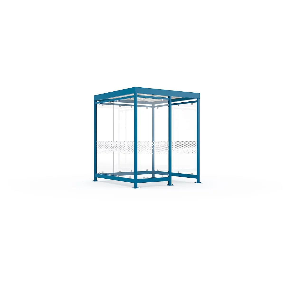 Blue bus shelter with glass walls against a white background.