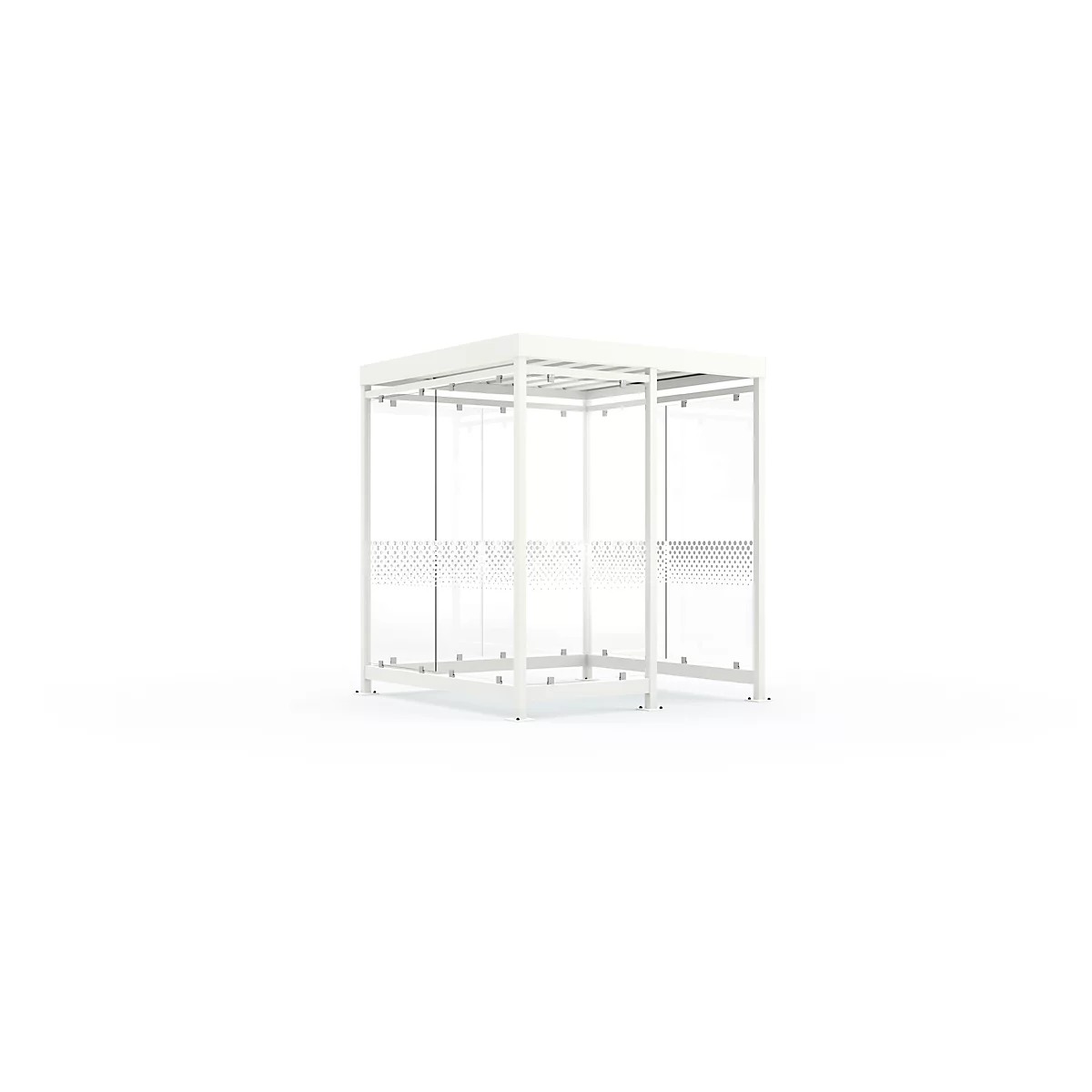 White waiting area with glass walls and roof, a minimalist design. The lower part of the panes has a pattern.