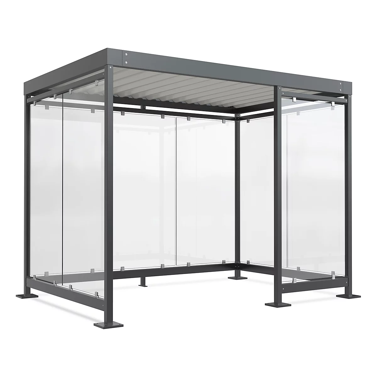 Grey shelter with glass walls, on a white background. Corrugated iron roof.