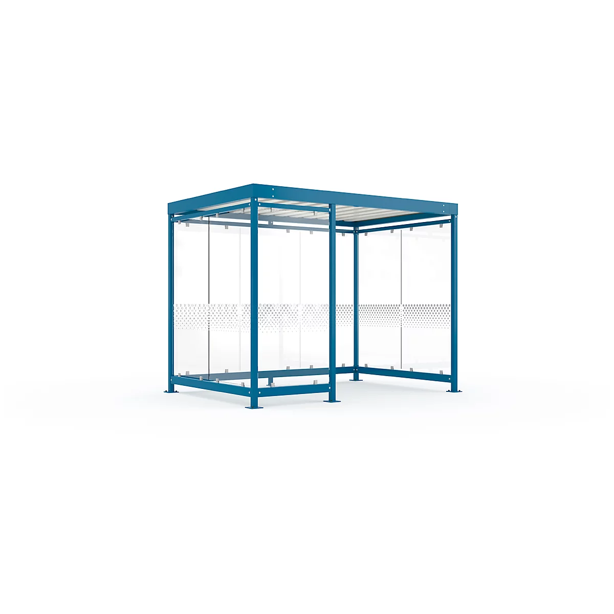 Blue waiting shelter with glass walls, against a white background.