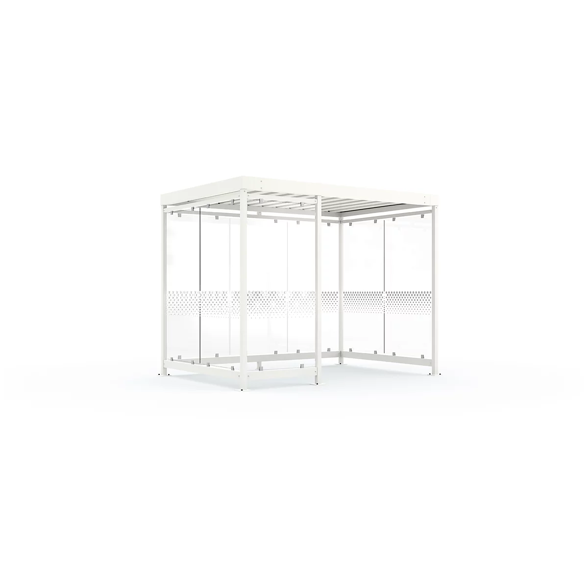 White, modern garden pavilion with glass walls and roof.