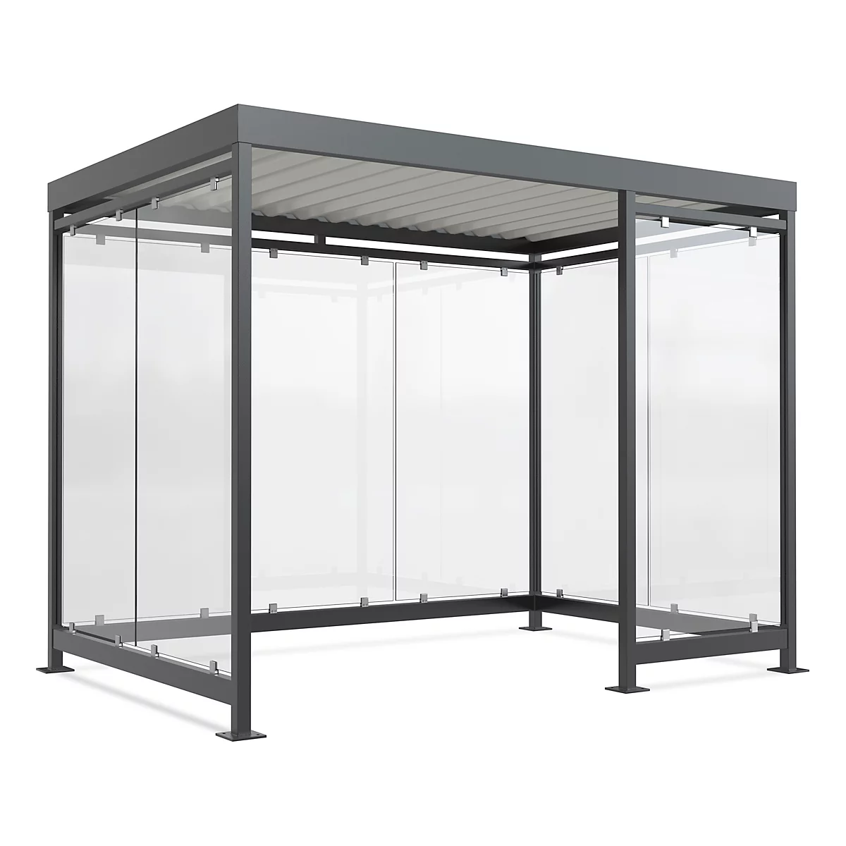 Grey bus shelter with glass walls and roof.