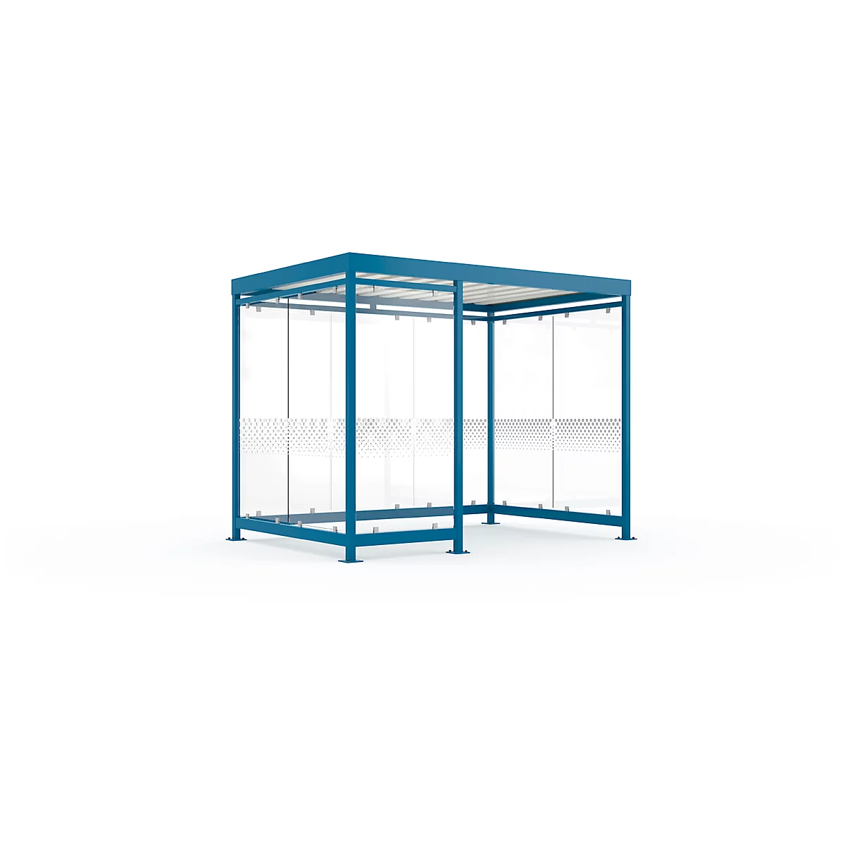 Blue metal waiting shelter with transparent walls and roof. On a white background.