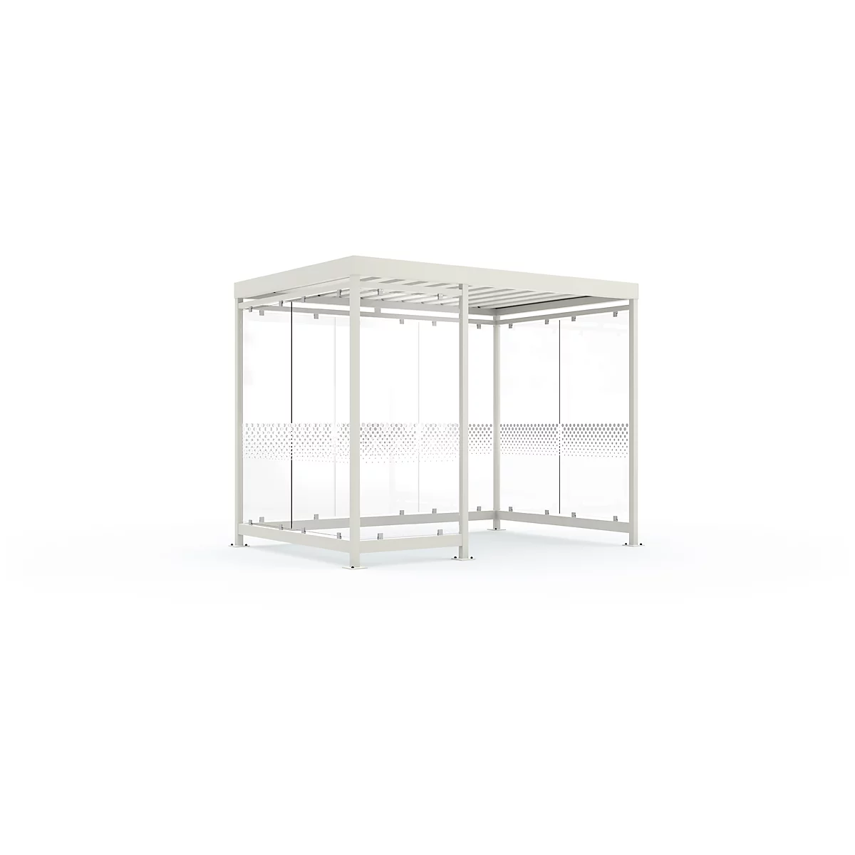 A beige structure with a roof and transparent curtains, set against a white background.