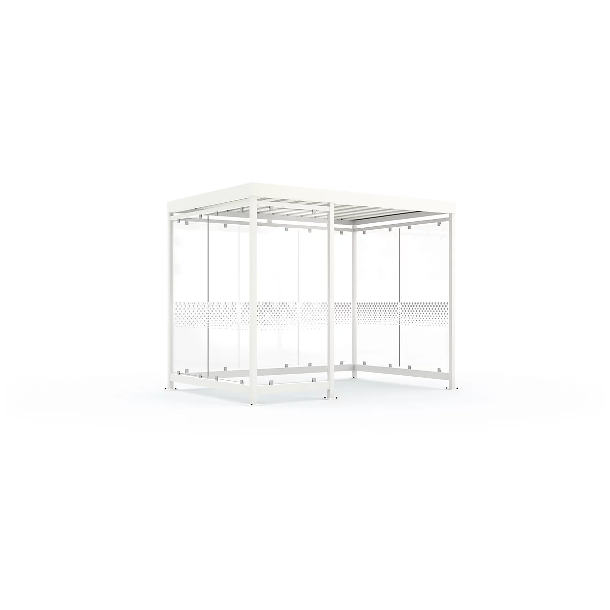 White waiting shelter with glass walls and roof, on a white background.