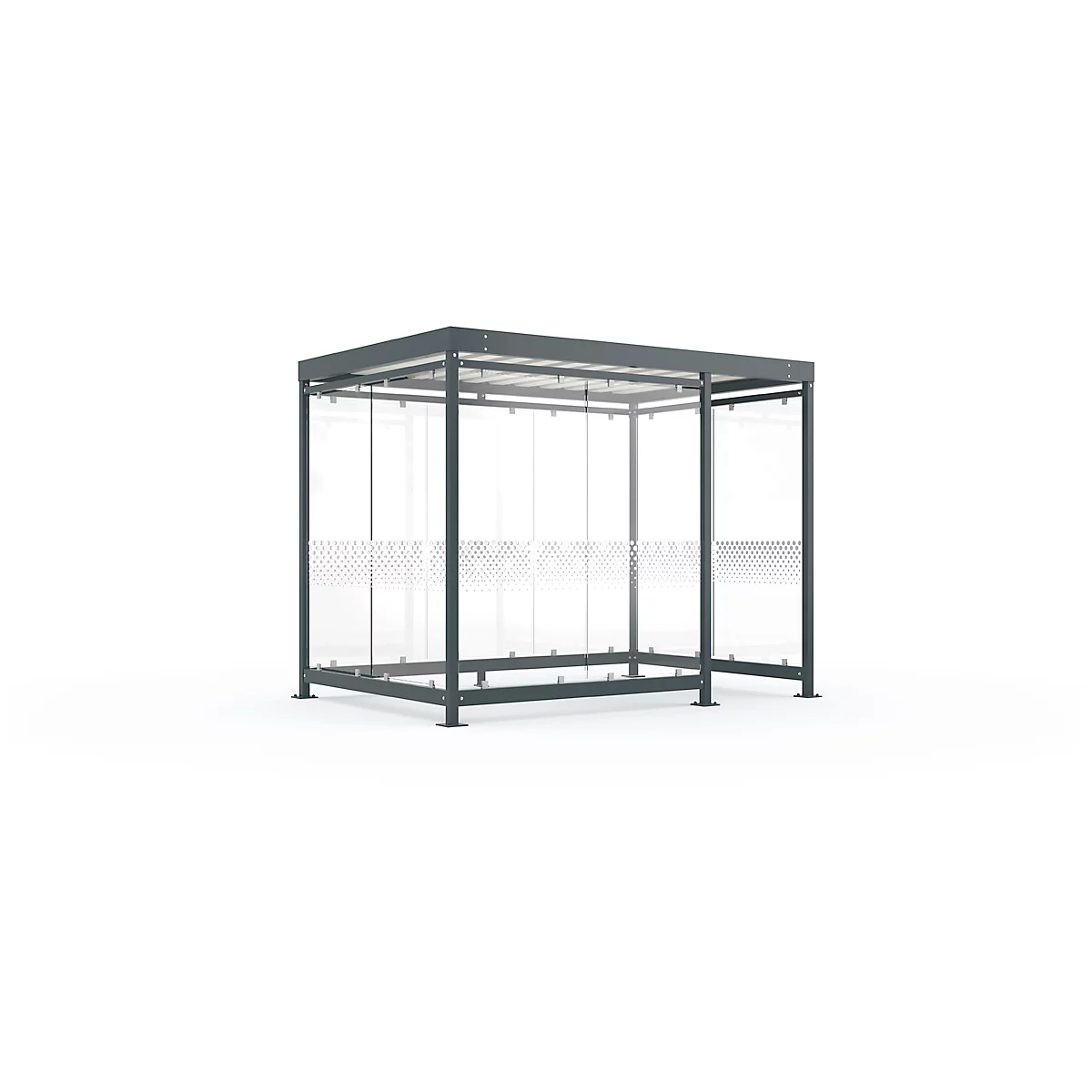 Grey metal and glass waiting shelter. The roof and supports are grey. The side walls are made of glass with a decorative pattern.