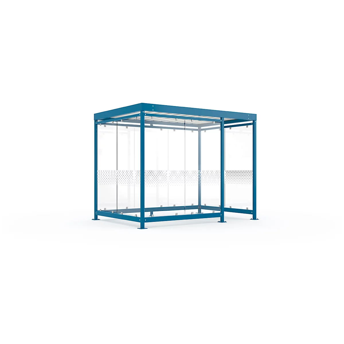 Blue waiting shelter with glass walls against a white background. The waiting shelter has a rectangular design.