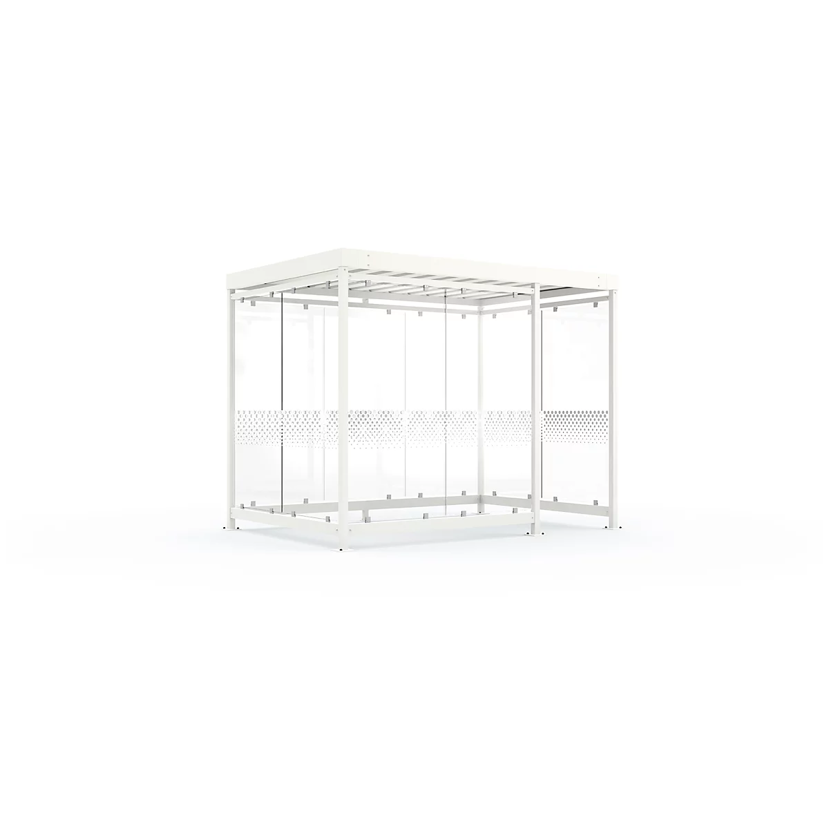 White waiting shelter with glass walls and dotted design. The waiting shelter stands on a white background.