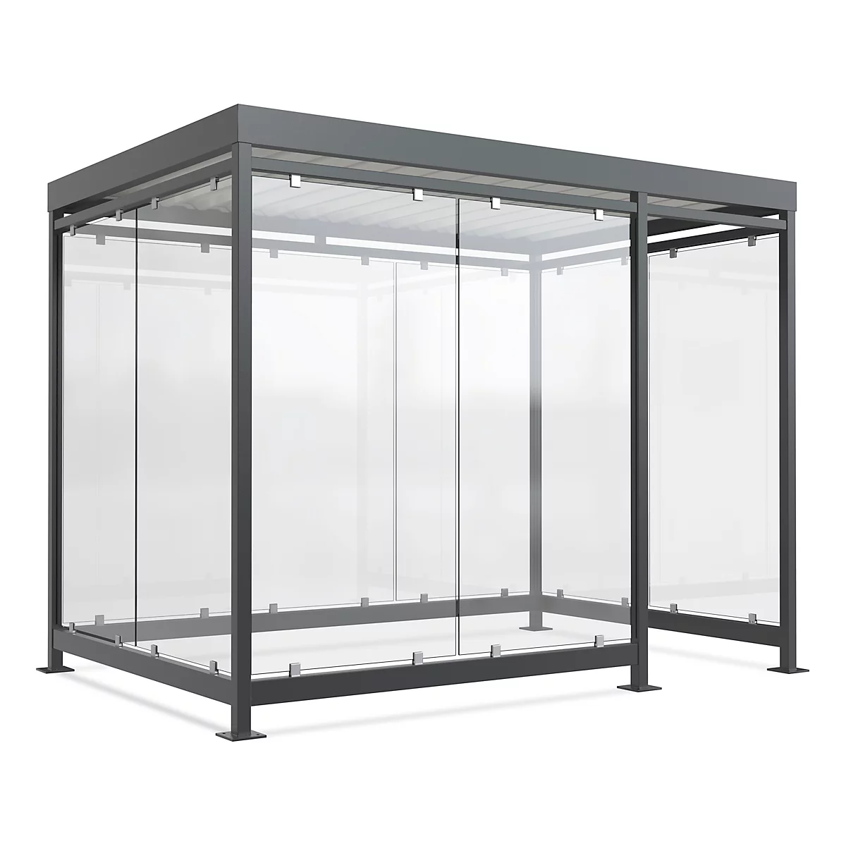 Grey waiting shelter with glass walls and roof. Angular construction. The glasses are set in metal frames.