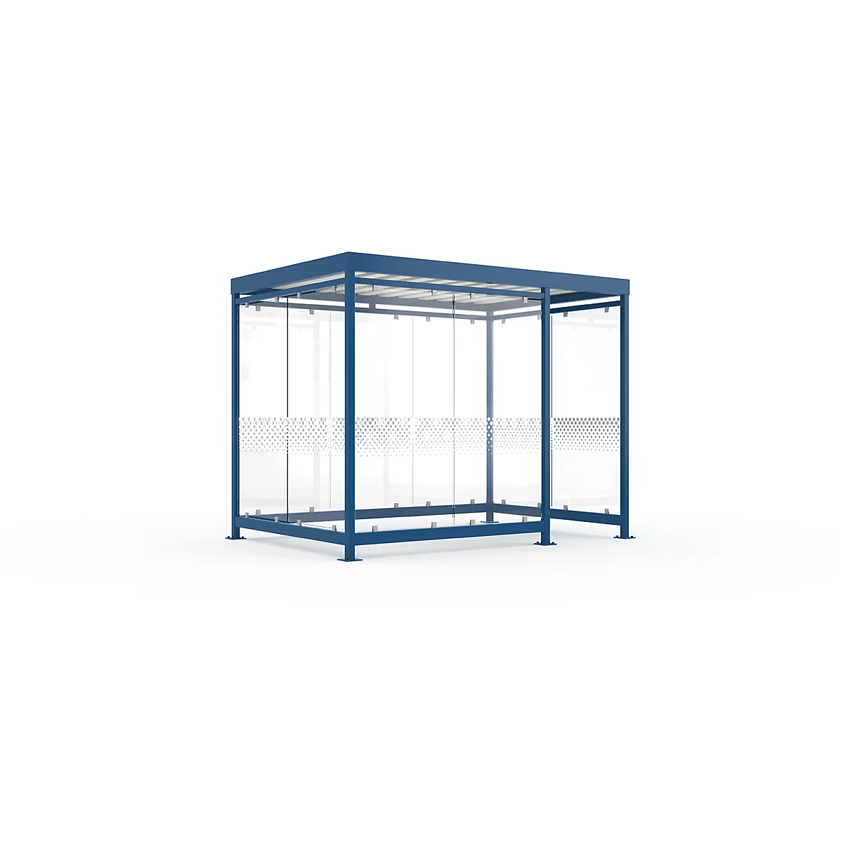 Blue bus shelter with glass walls against a white background.
