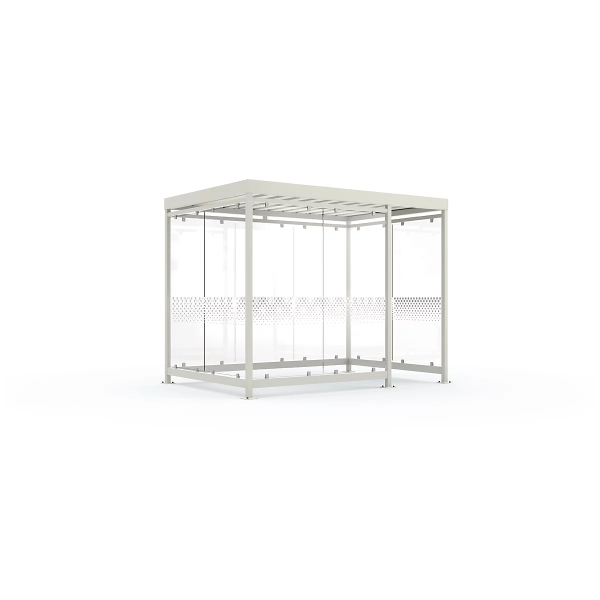 Bright, square pavilion with glass walls and a white roof, standing in a neutral studio style against a white background.