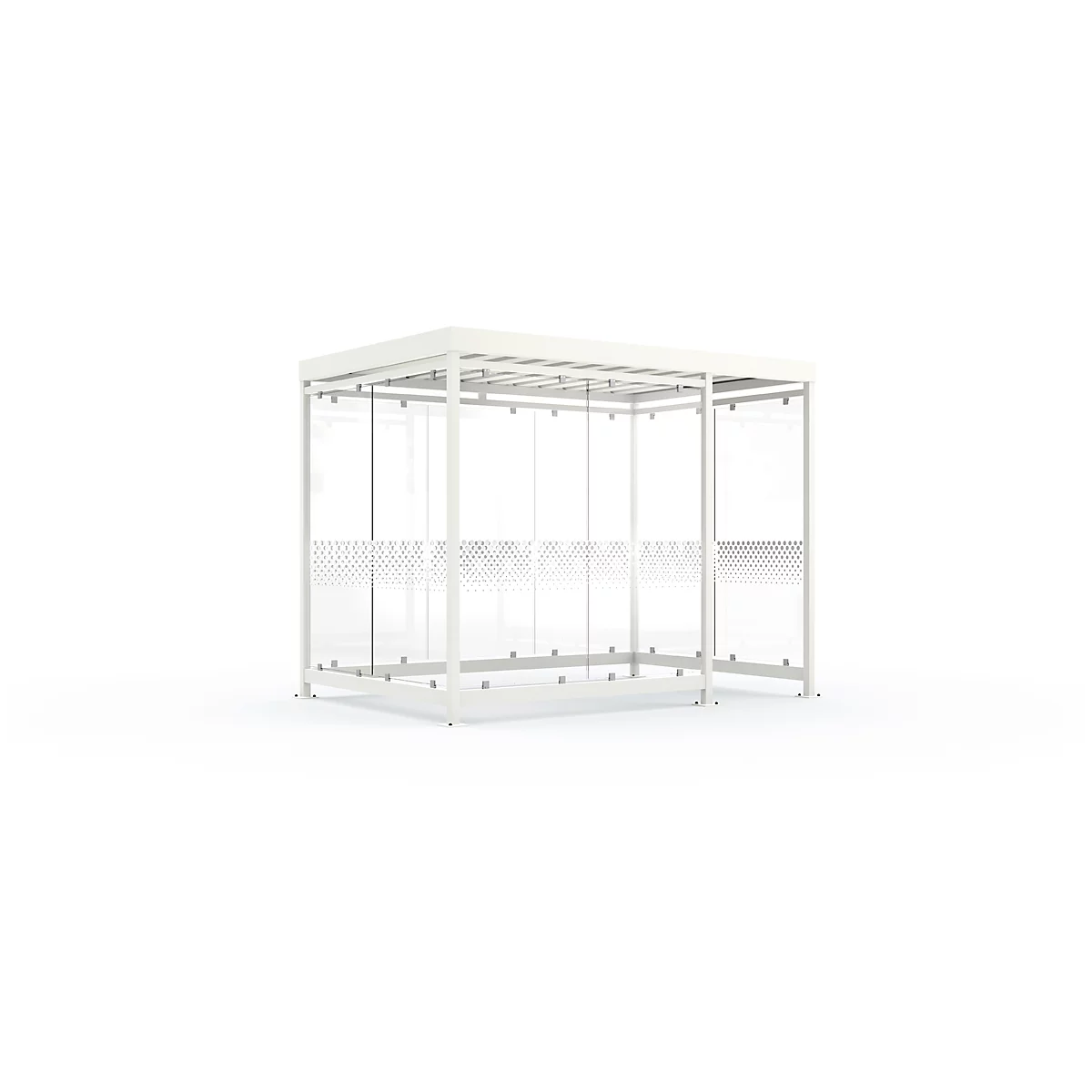 White waiting shelter design with glass walls and dotted patterns. Rectangular frame on white background.