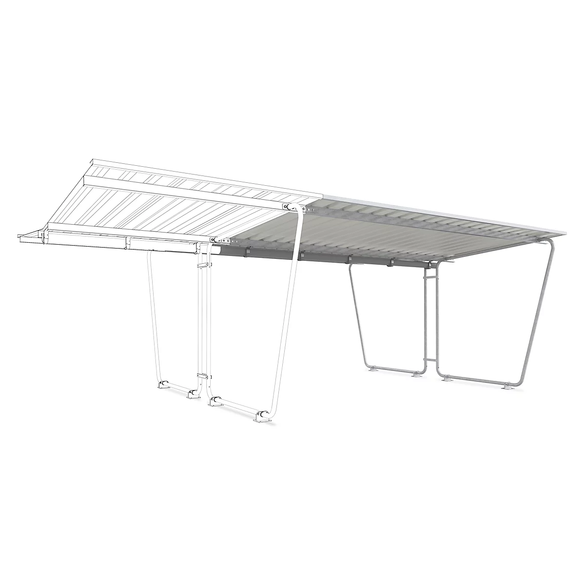 A free-standing, gray carport frame made of steel with a corrugated iron roof. The structure is light gray and detailed.