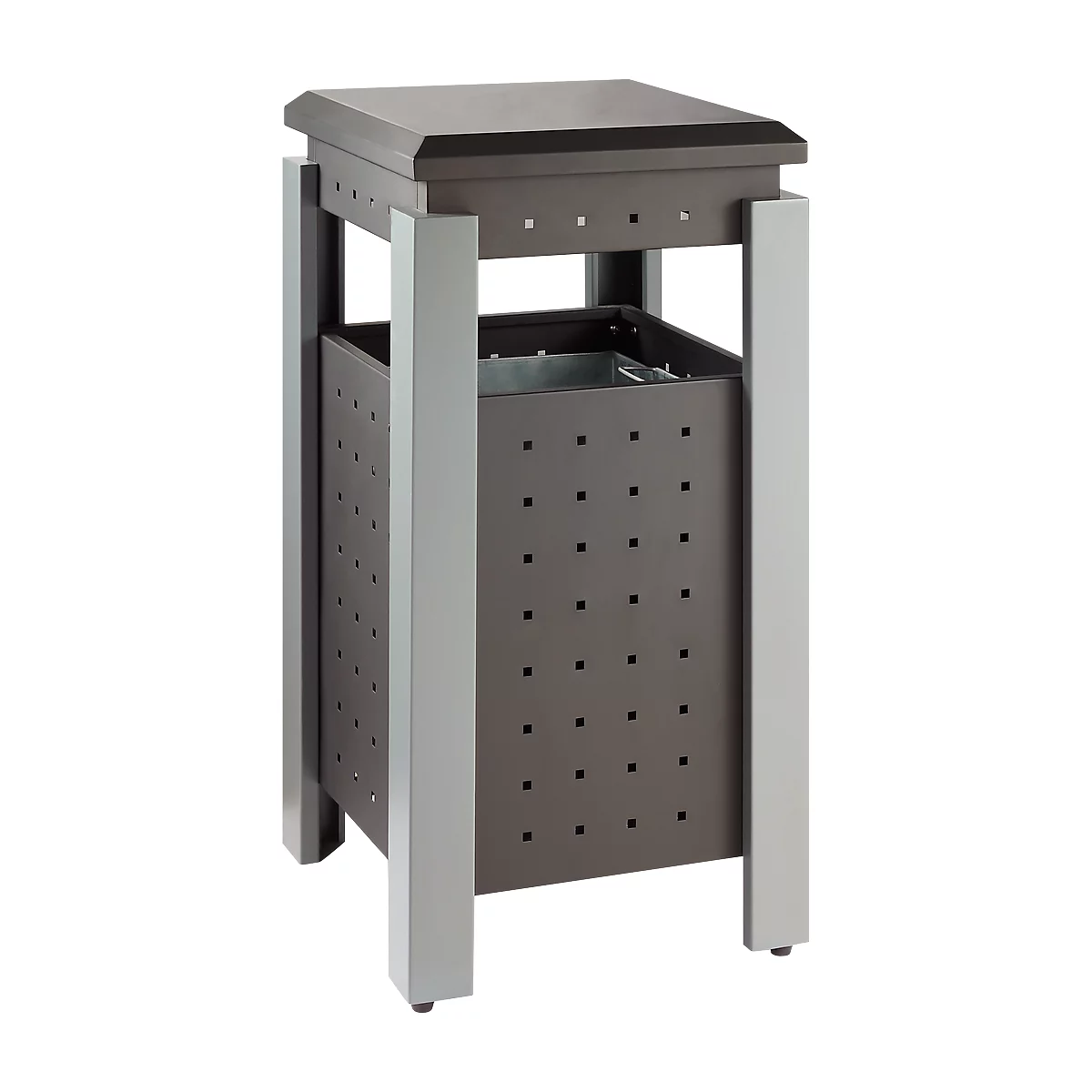Dark brown waste bin with square holes and silver legs.
