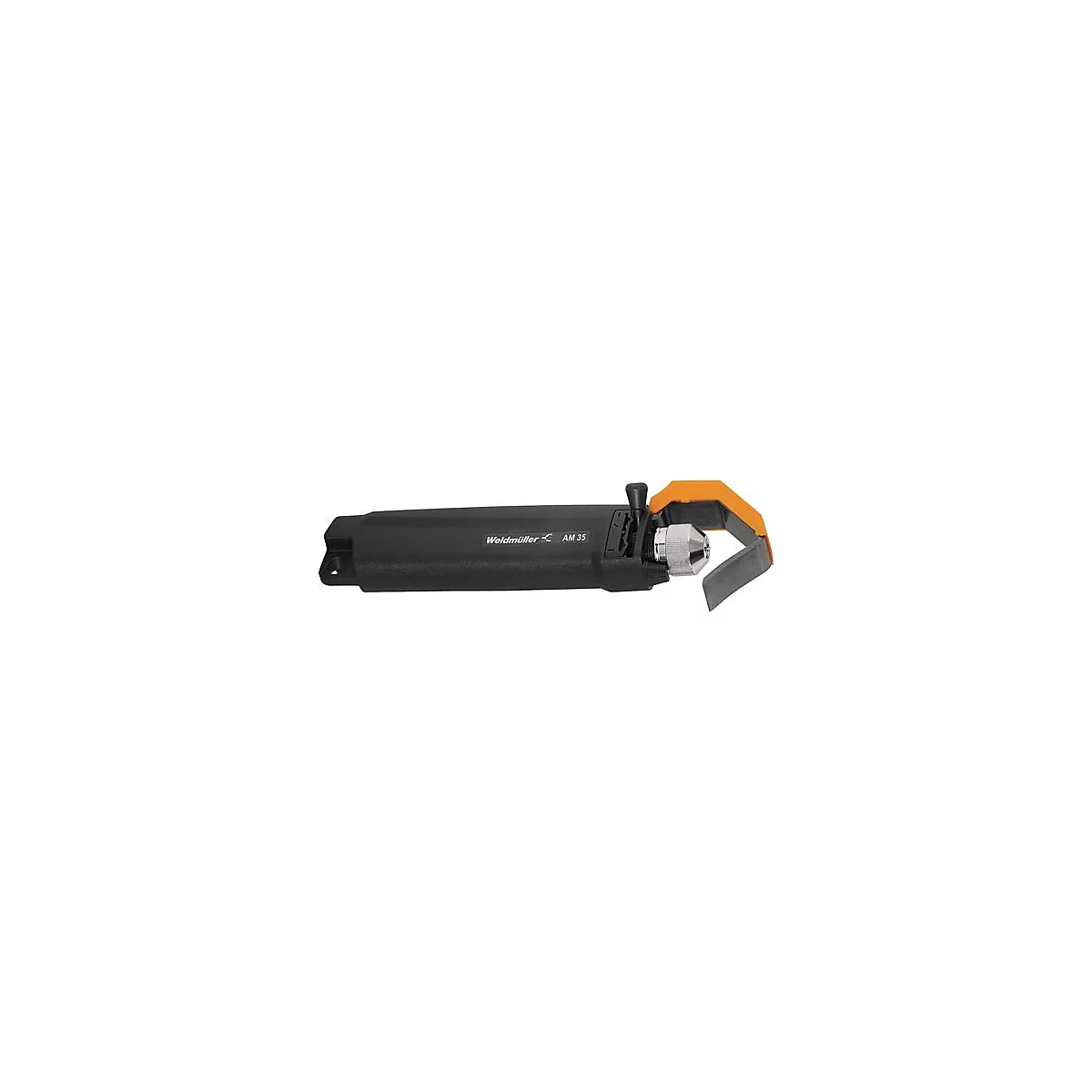 Un outil noir avec des accents orange et argent, nom de la marque, AM 35. Poignée, tête de coupe et pinces.