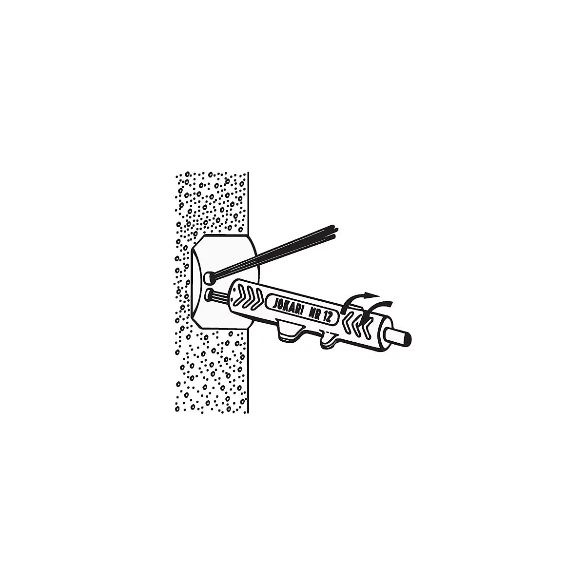 Le dessin montre le dénudage d'un câble avec l'outil 'Jokari Nr. 12'. Des flèches indiquent la direction de l'outil.