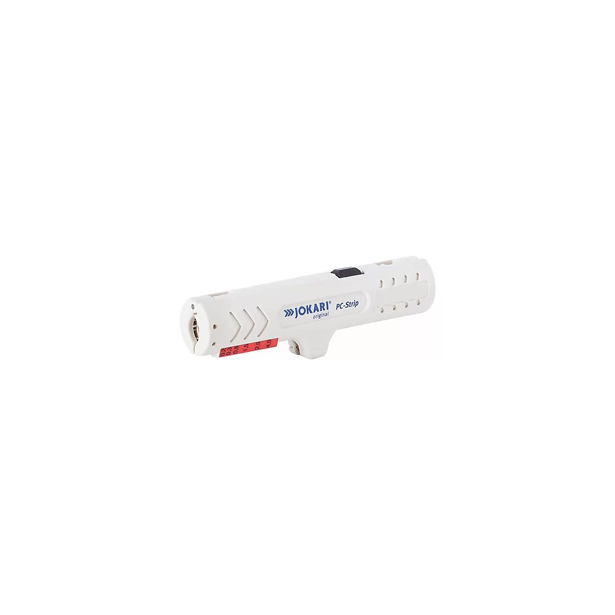Pince à dénuder blanche 'JOKARI PC-Strip'. Système de mesure noir et rouge pour le réglage. Inscription 'JOKARI PC-Strip' en bleu.