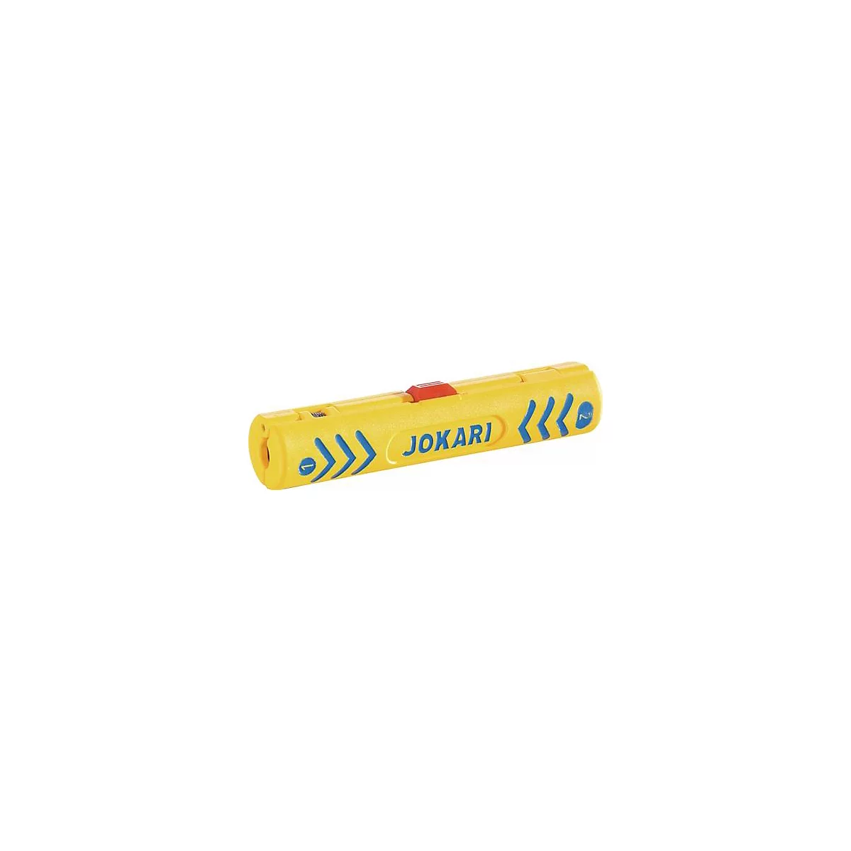 Pince à dénuder Jokari jaune et bleu avec un bouton rouge.