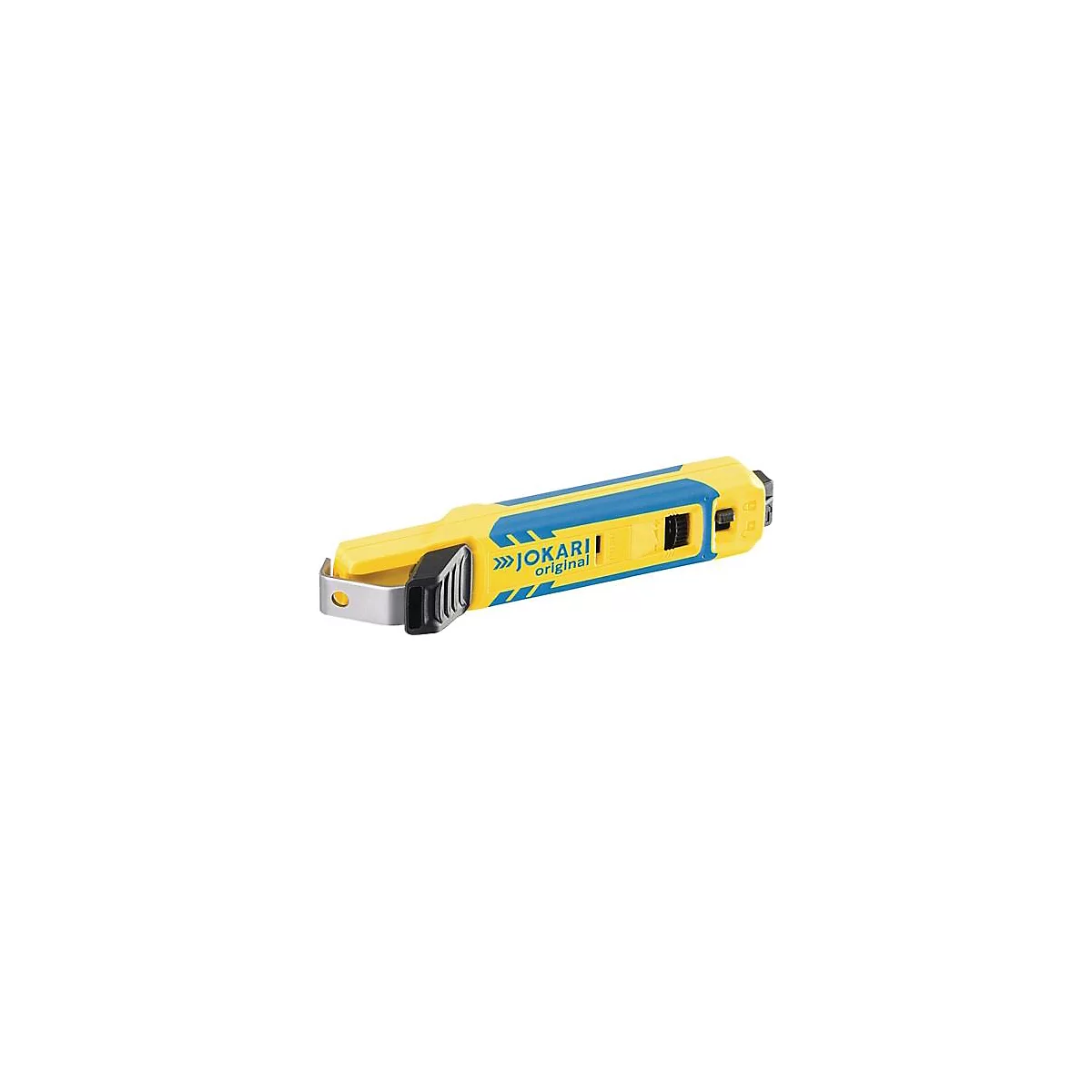 Outil de dénudage jaune et bleu avec l'inscription "JOKARI original".