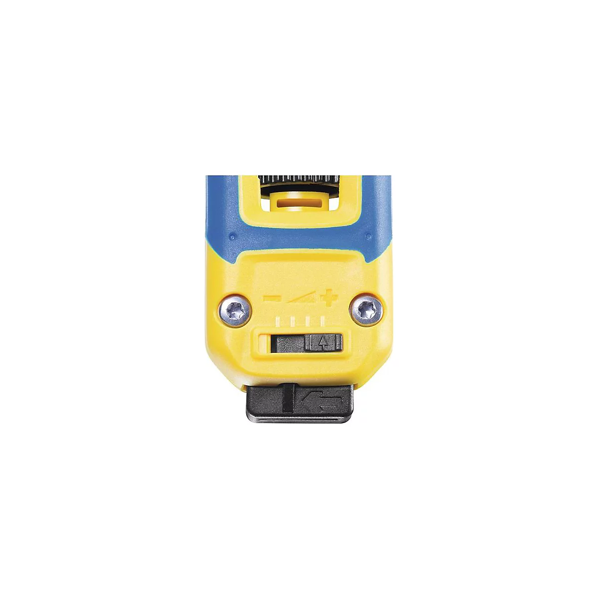 Appareil jaune avec des accents bleus. Panneau de commande avec symboles plus, moins et un interrupteur.