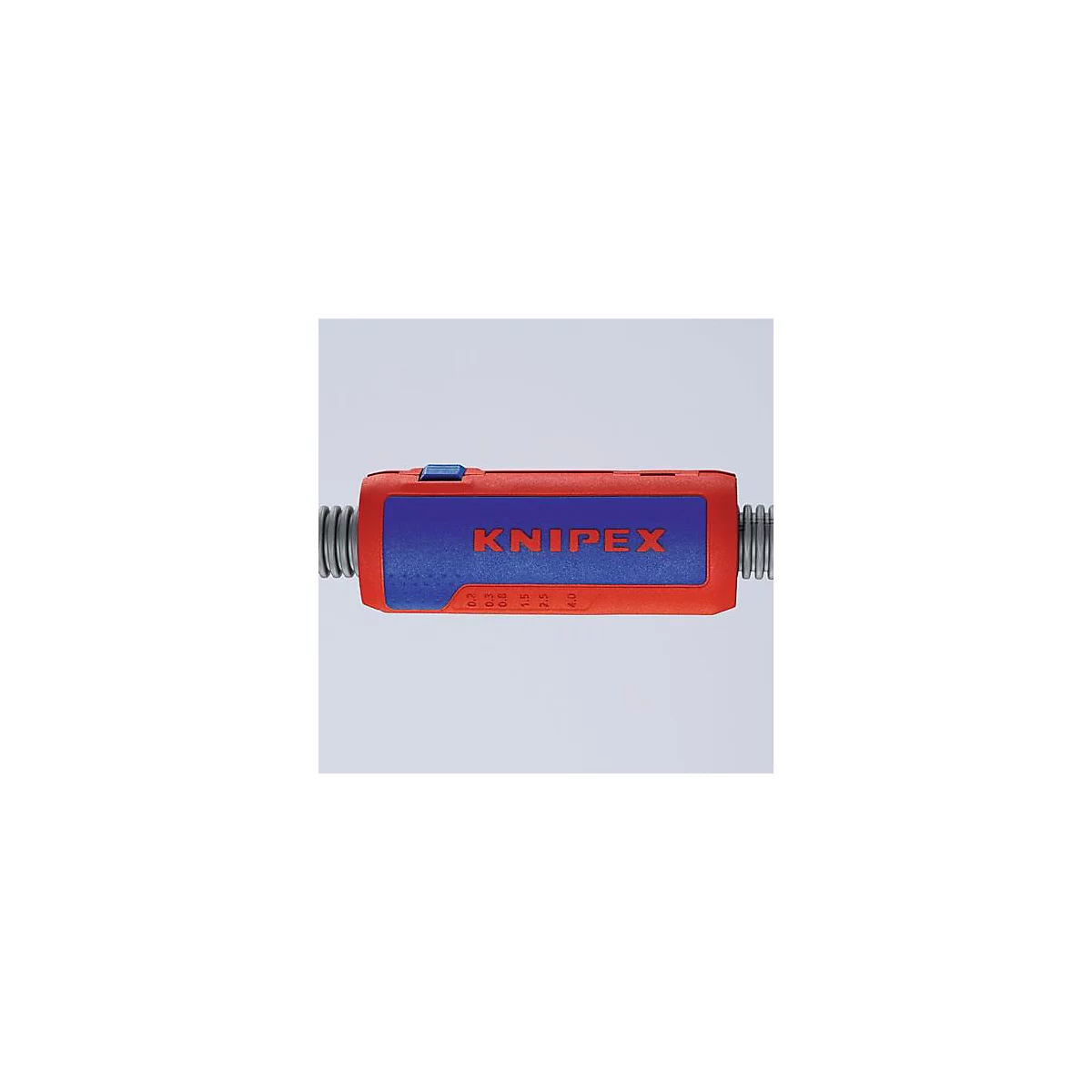 Un outil rouge et bleu de la marque KNIPEX, reliant deux câbles gris. L'outil a un bouton bleu.
