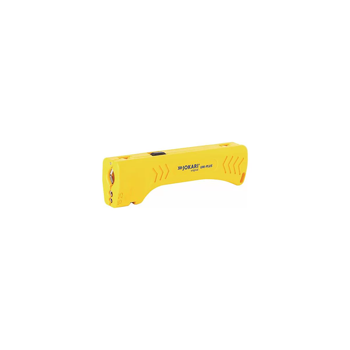 Dénudeur de fil jaune avec inscription »JOKARI UNI-PLUS«. Bouton noir sur le dessus. La partie avant est ouverte.