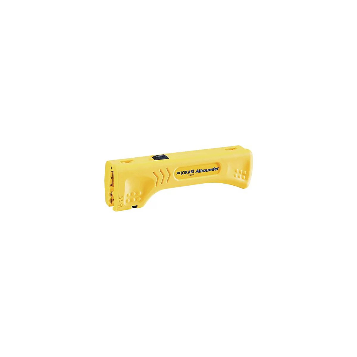 Dénudeur de fil Jokari Allrounder jaune avec bouton noir. Texte 'Jokari Allrounder' et mesures.